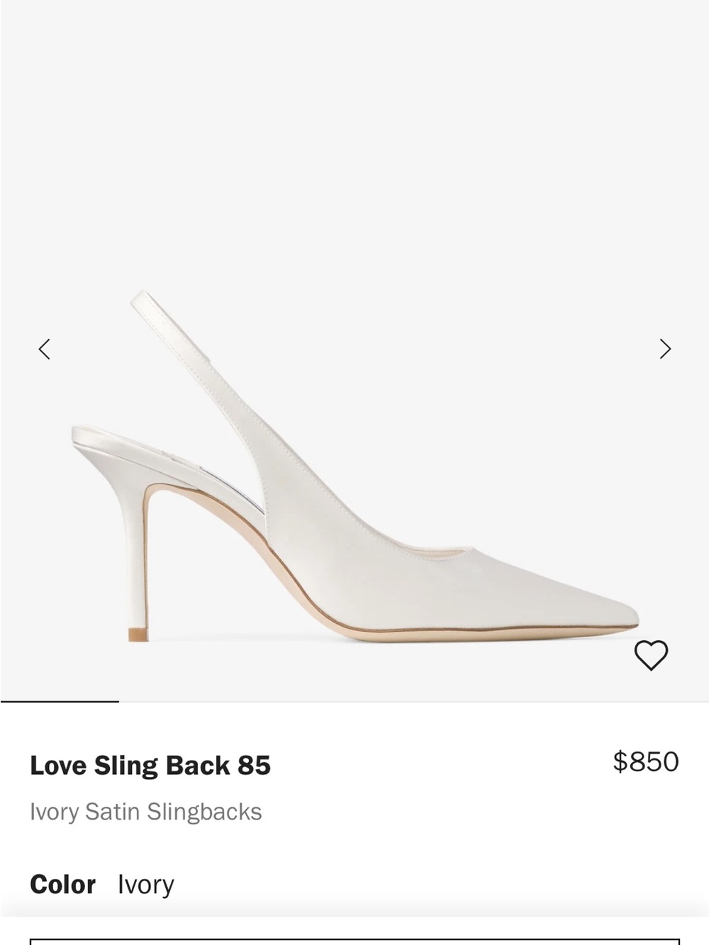 Jimmy Choo Ivory Satin Pointed Slingback Heel